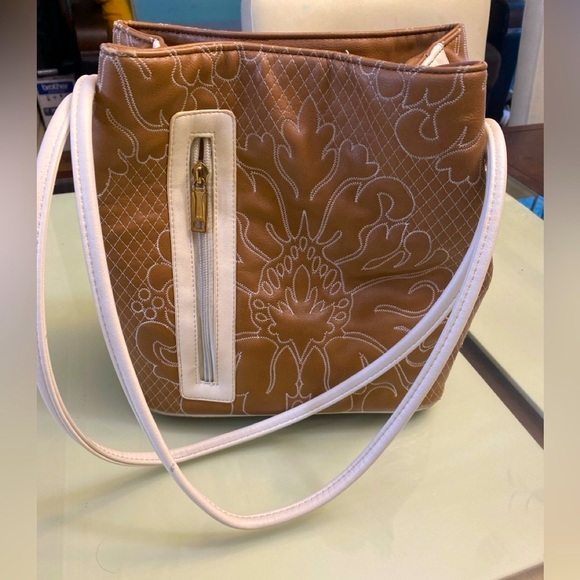 Samoe Square Top Handle Bag Mixed Colors Pockets Size 10H X 8L Brown Tan Beige - Picture 1 of 16